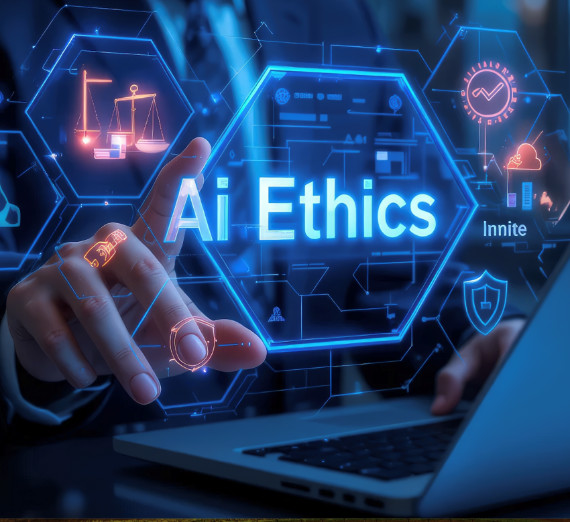 Illustration of a student writing while an AI robot with an exposed brain sits beside him.